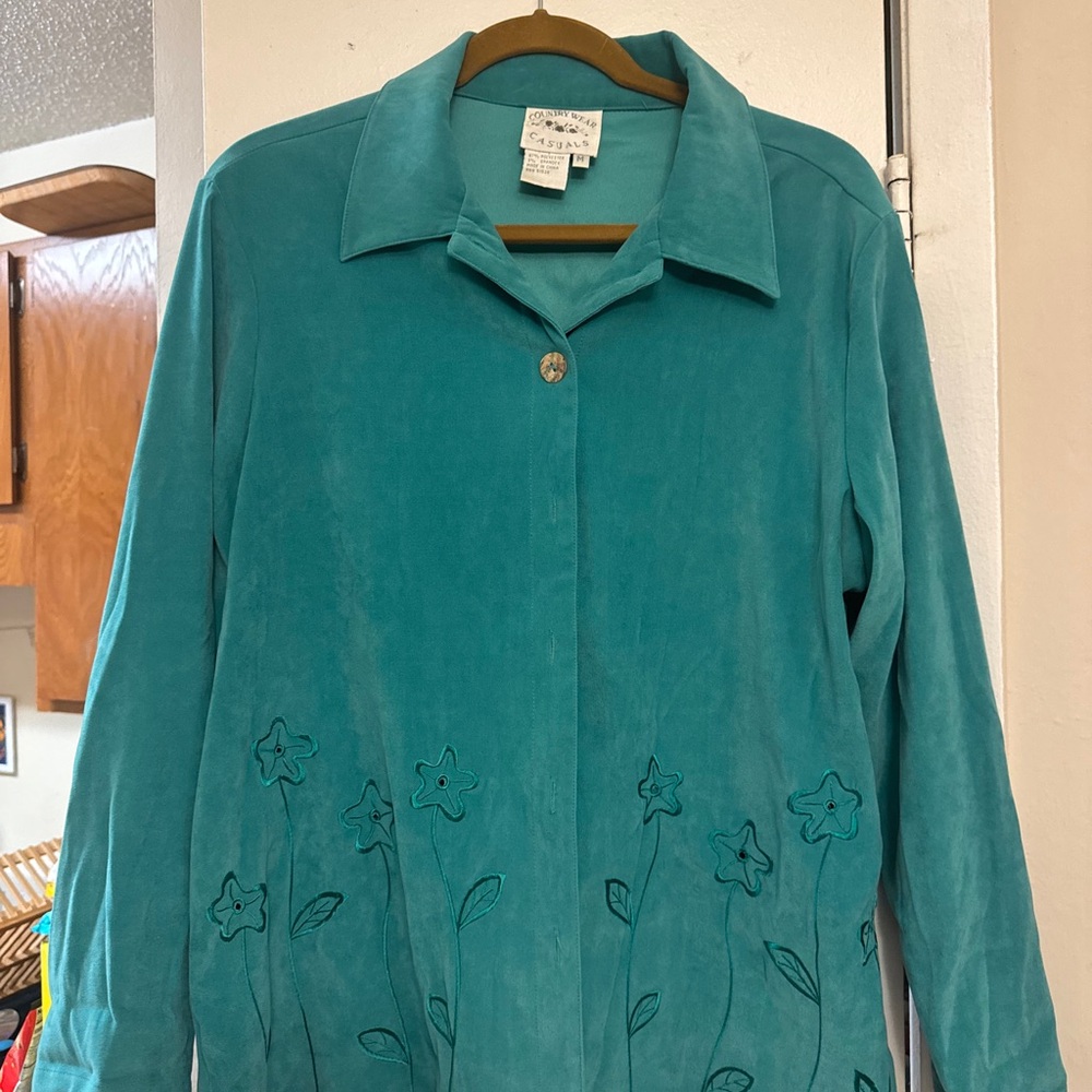 Casual Corner Teal Suede Jacket with Floral Stitching